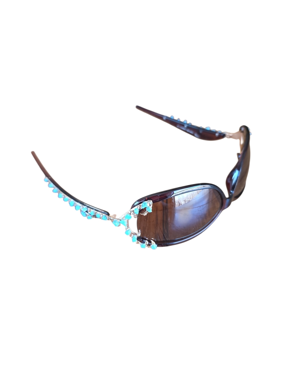 Brown Women's Sunglasses with Turquoise Crystal Accents